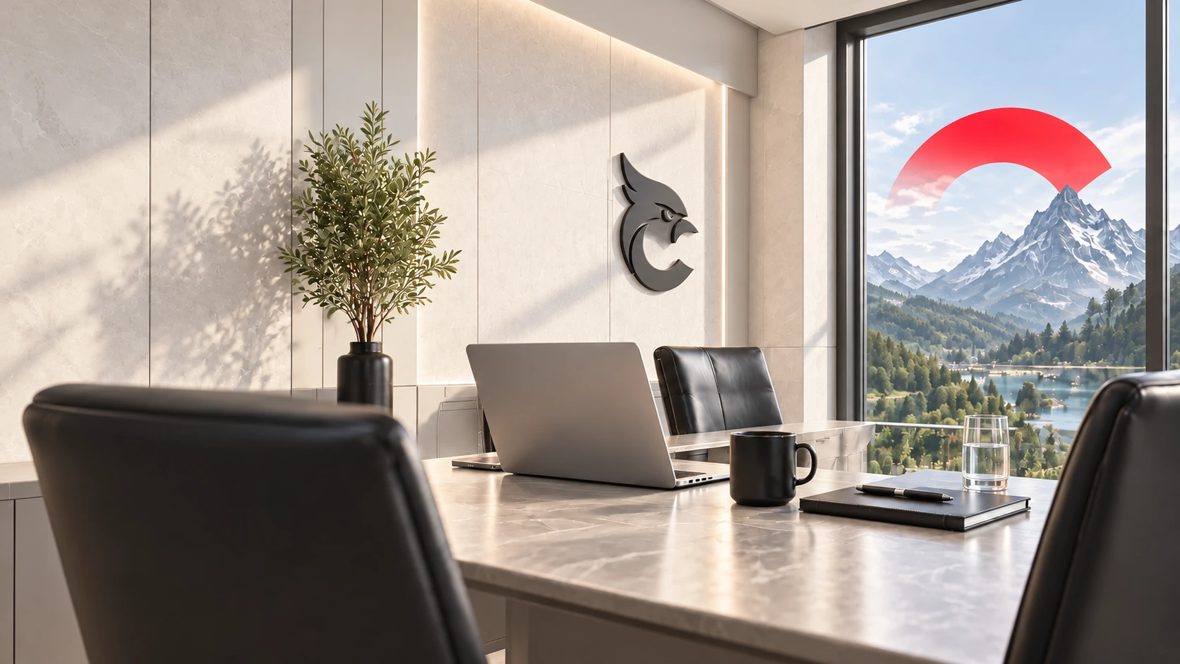 Heller Besprechungsraum mit Laptop, Tasse und Bergpanorama bei Tageslicht