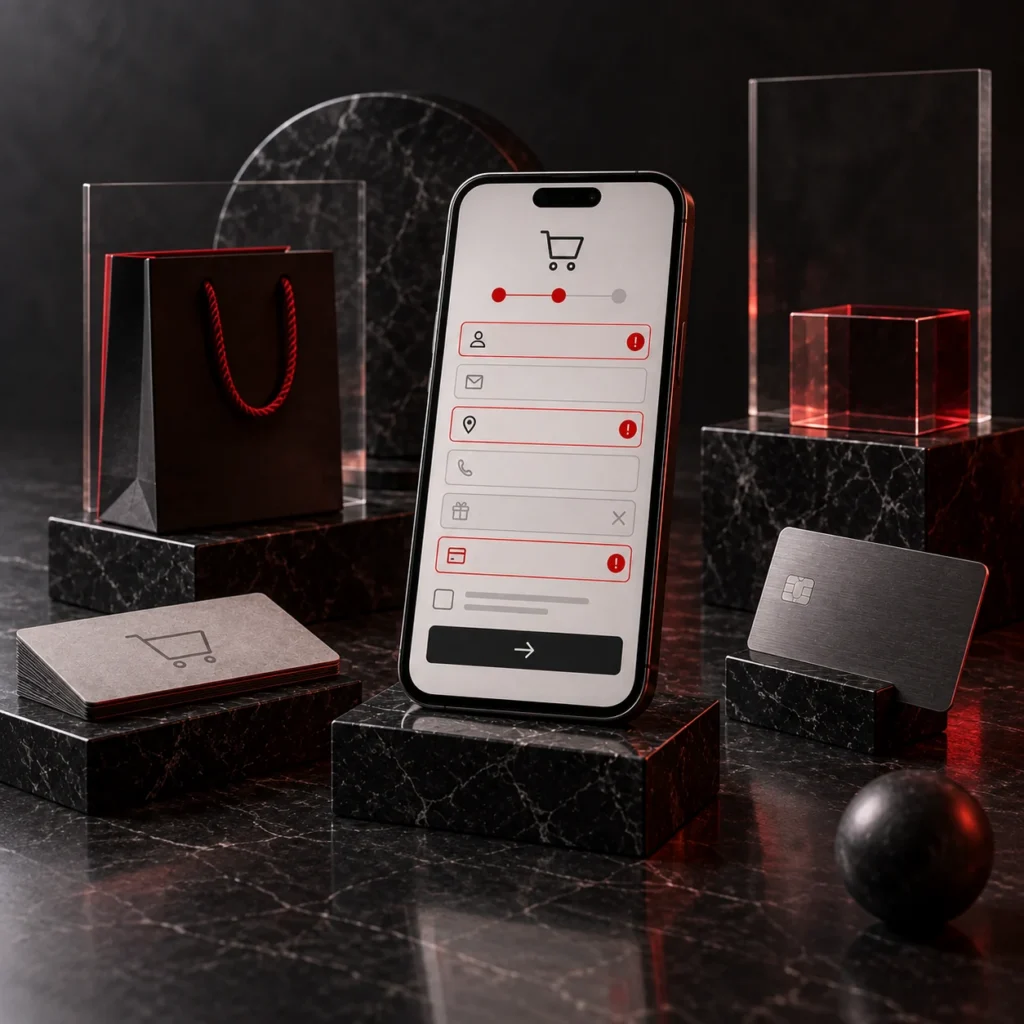 Was ist ein Webshop-Relaunch und wann ist er sinnvoll? – Smartphone mit Bezahlformular und rot markierten überflüssigen Feldern.