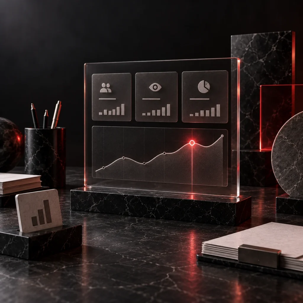 Was ist Google Analytics 4 und wozu dient es? – Dashboard mit Kennzahlenkarten und einer Kurve, ein Punkt ist rot hervorgehoben.