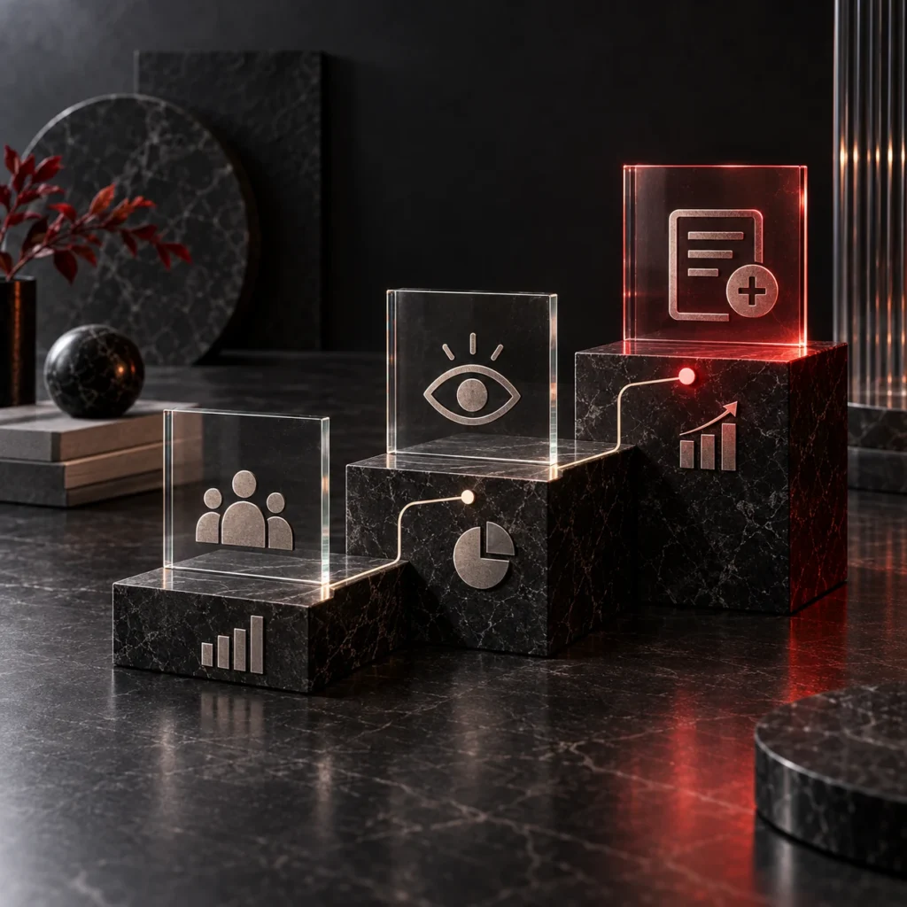 Welche Kennzahlen zeigen, ob eine Website wirklich funktioniert? – Treppe von Besuchen über Interesse zur Anfrage, letzte Stufe rot.