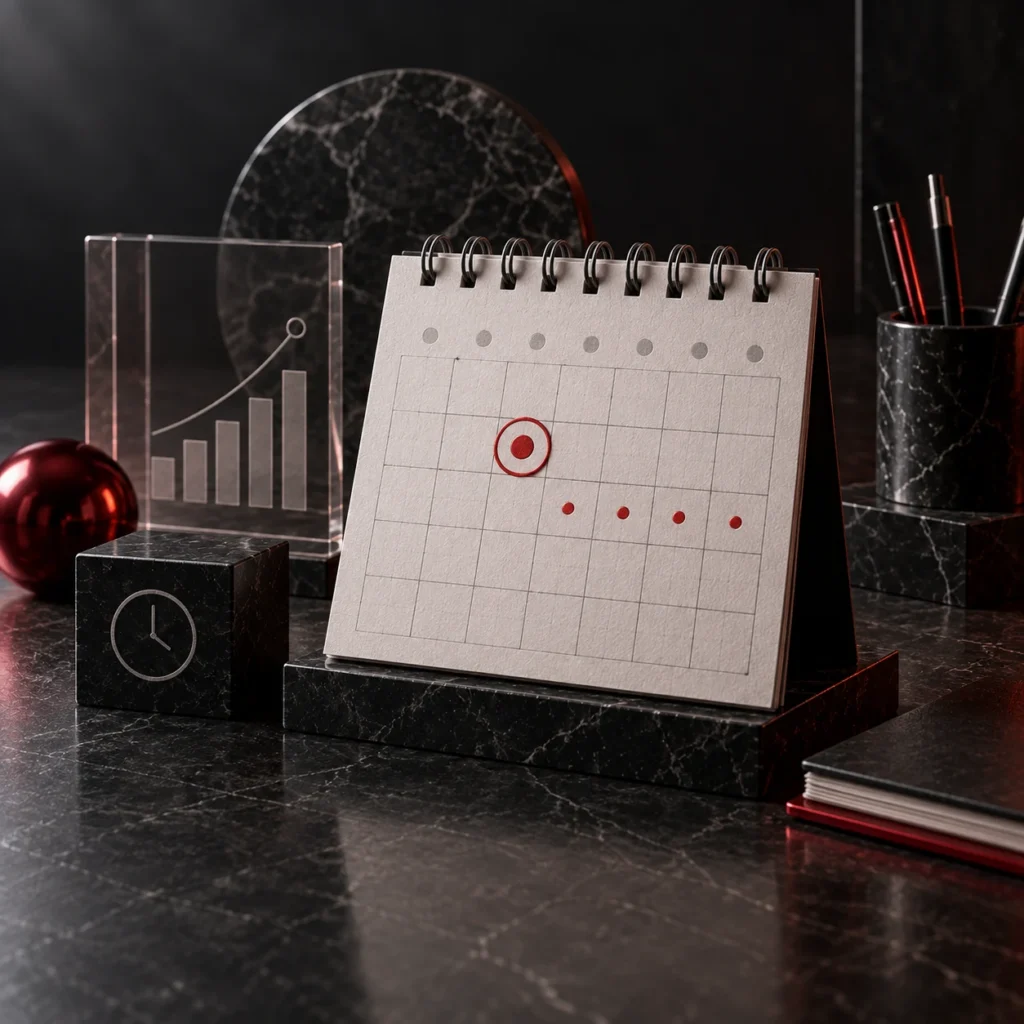 Wie oft sollte man Website-Zahlen auswerten? – Kalender mit rotem Monatstermin und engerer Markenreihe nach einer Änderung.