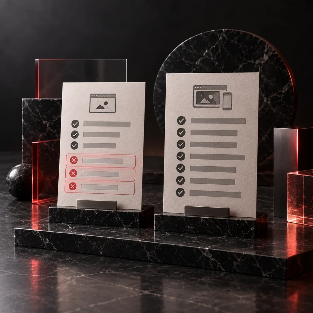 Wovon hängen die Kosten einer professionellen Website ab? – Zwei Angebote im Vergleich, fehlende Leistungen rot umrandet.