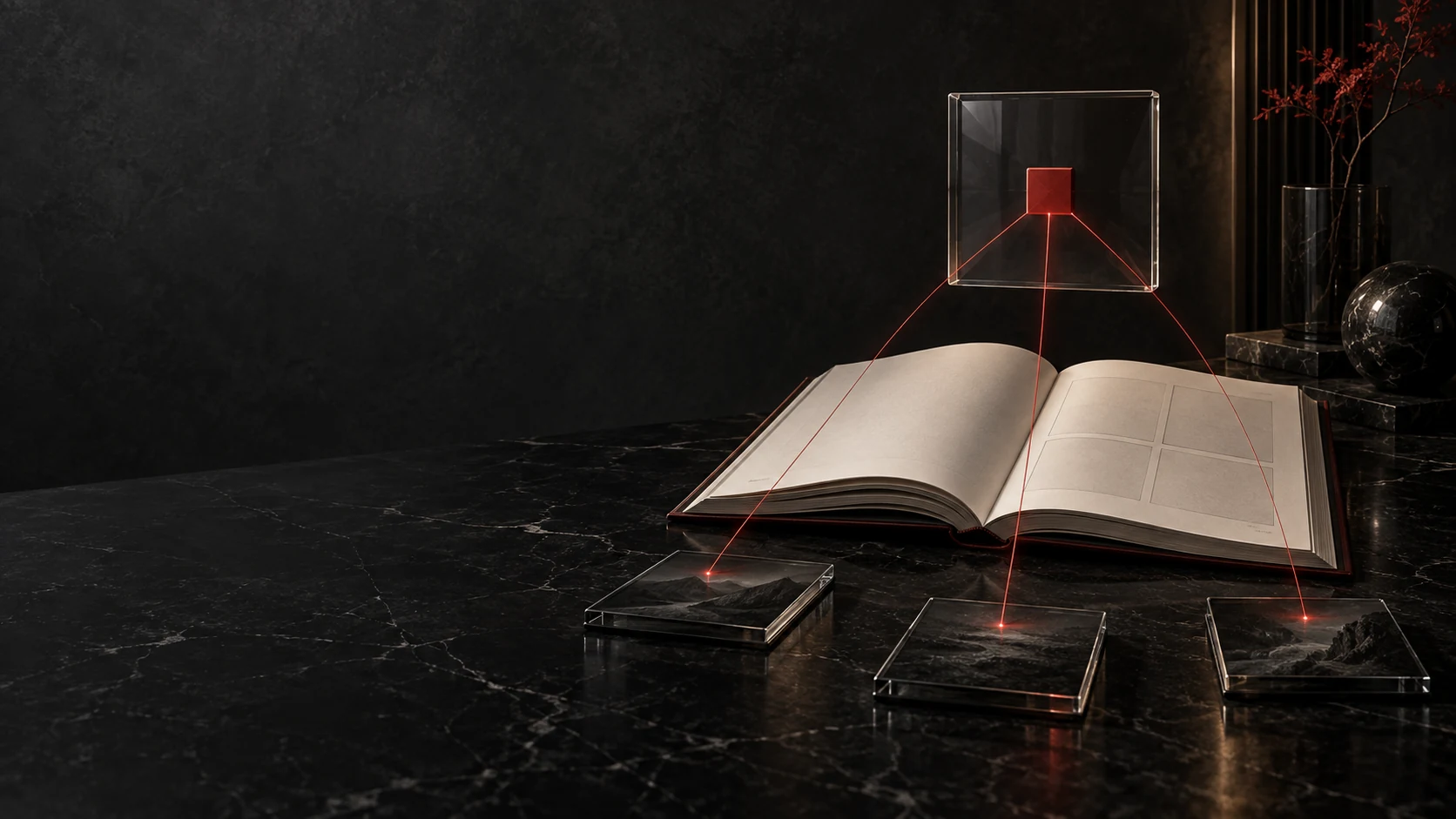 Ein offenes Buch und drei verbundene Quellen führen zu einer klaren Antwort im Glasrahmen.