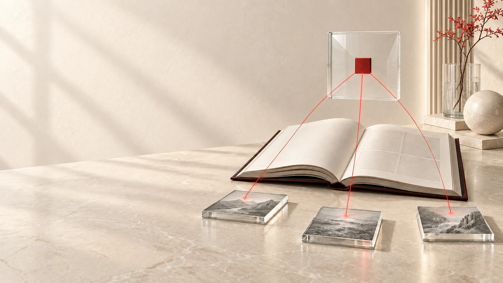 Ein offenes Buch und drei verbundene Quellen führen zu einer klaren Antwort im Glasrahmen.