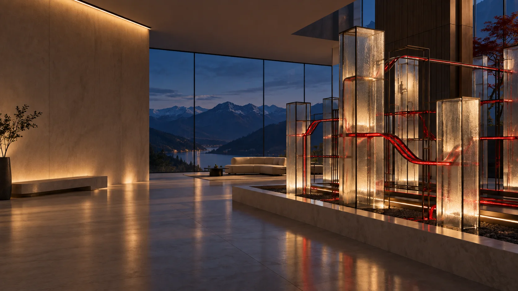 Glasinstallation mit verbundenen roten Linien in einem modernen Studio bei Abendlicht