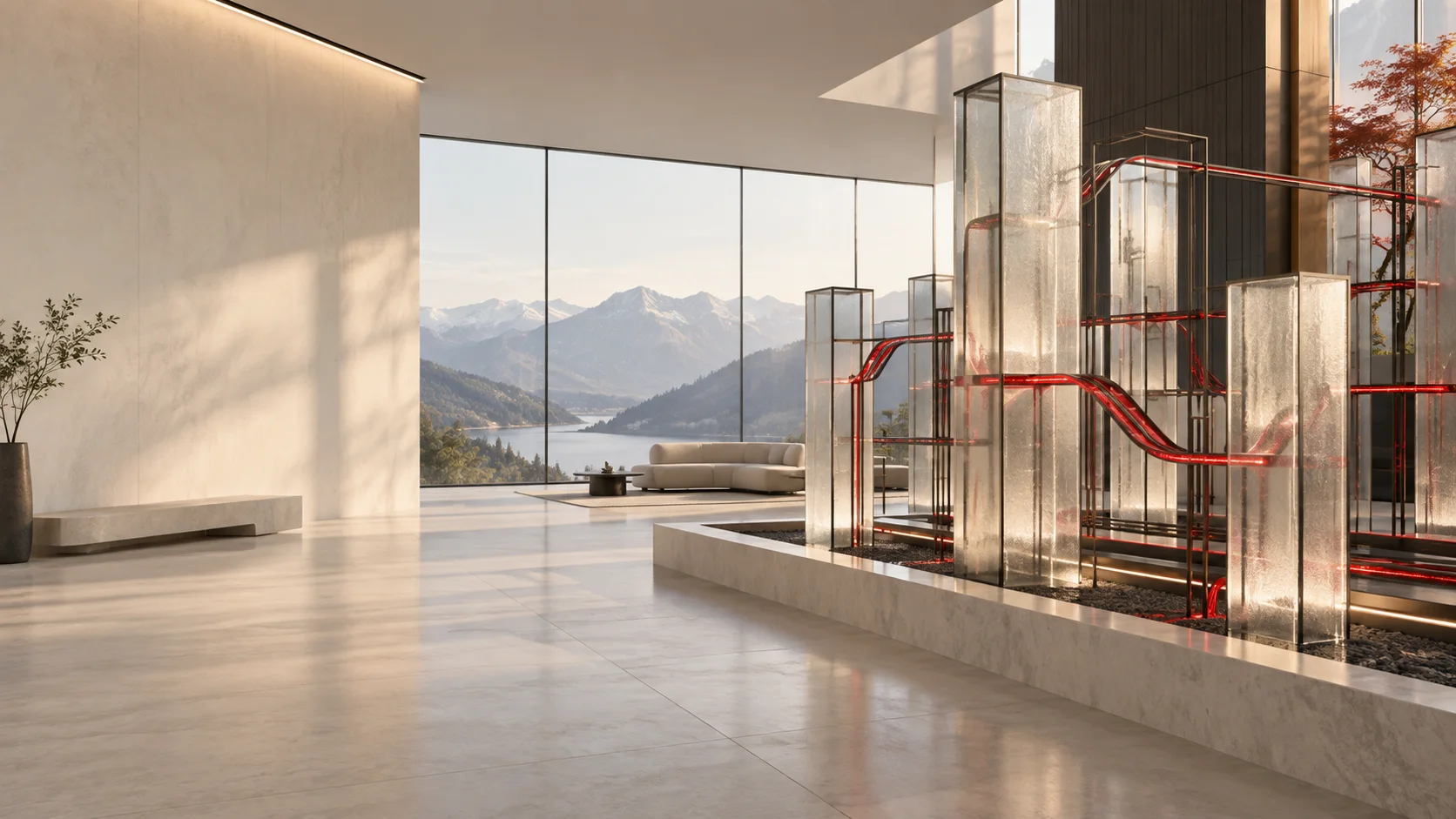 Glasinstallation mit verbundenen roten Linien in einem modernen Studio bei Tageslicht
