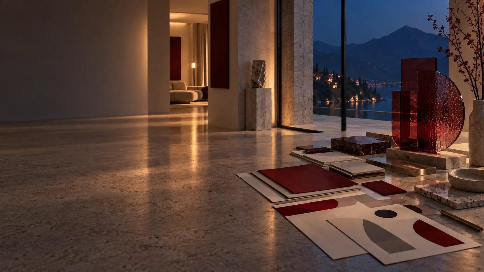 Designstudio mit Farbmuster, Glasobjekt und Bergblick bei Abendlicht