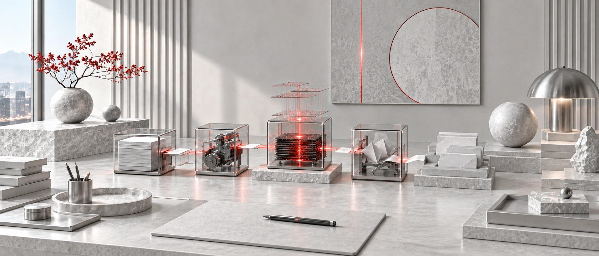 Heller Schreibtisch mit Glasvitrinen, in denen Dokumente, Mechanik und Datenebenen durch eine rote Lichtlinie verbunden sind