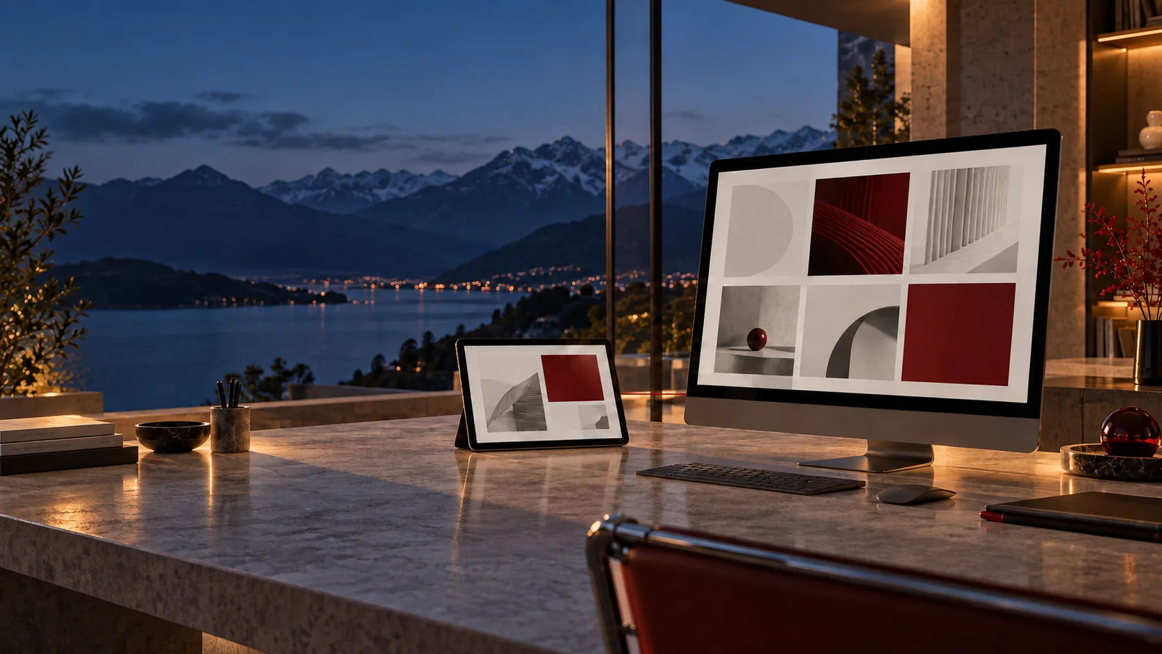 Digitalstudio mit Bildschirm, Tablet und Bergblick