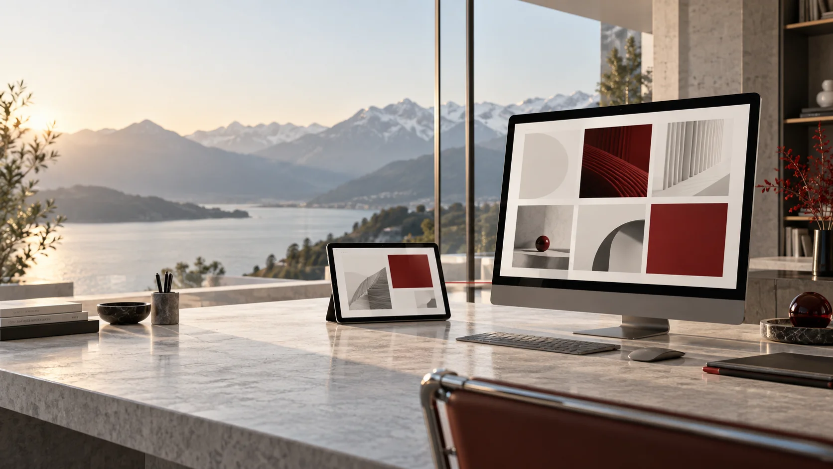 Digitalstudio mit Bildschirm, Tablet und Bergblick bei Tageslicht