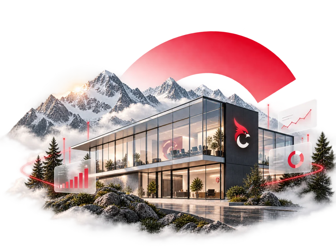 Modernes Gebäude vor heller Bergkulisse, daneben Karten mit Diagrammen zu Projektergebnissen