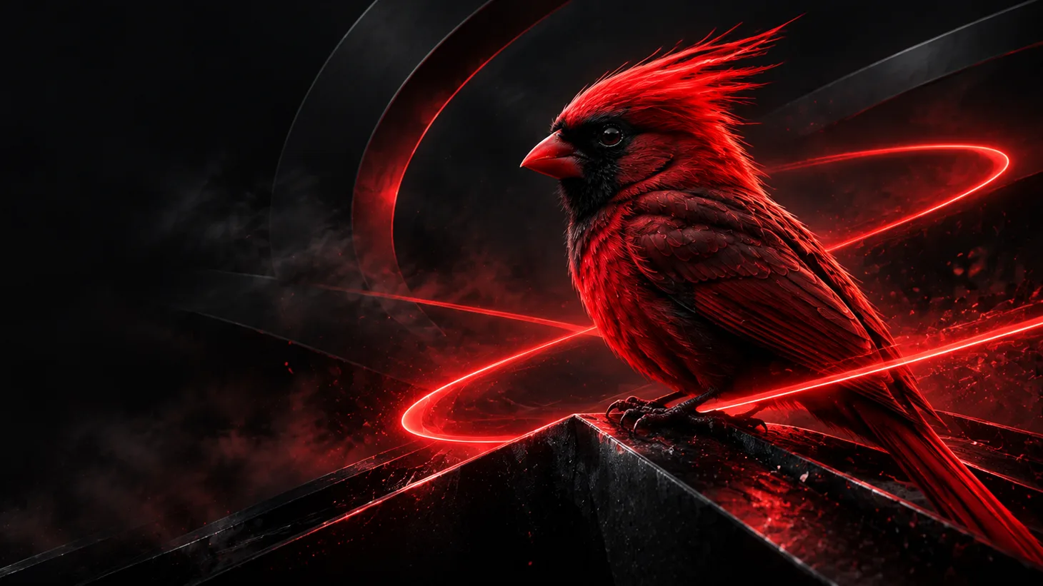 Roter Kardinal in einer dunklen, futuristischen Linienwelt mit leuchtend roten Lichtlinien – Hero-Motiv für Cardinahl Concept.