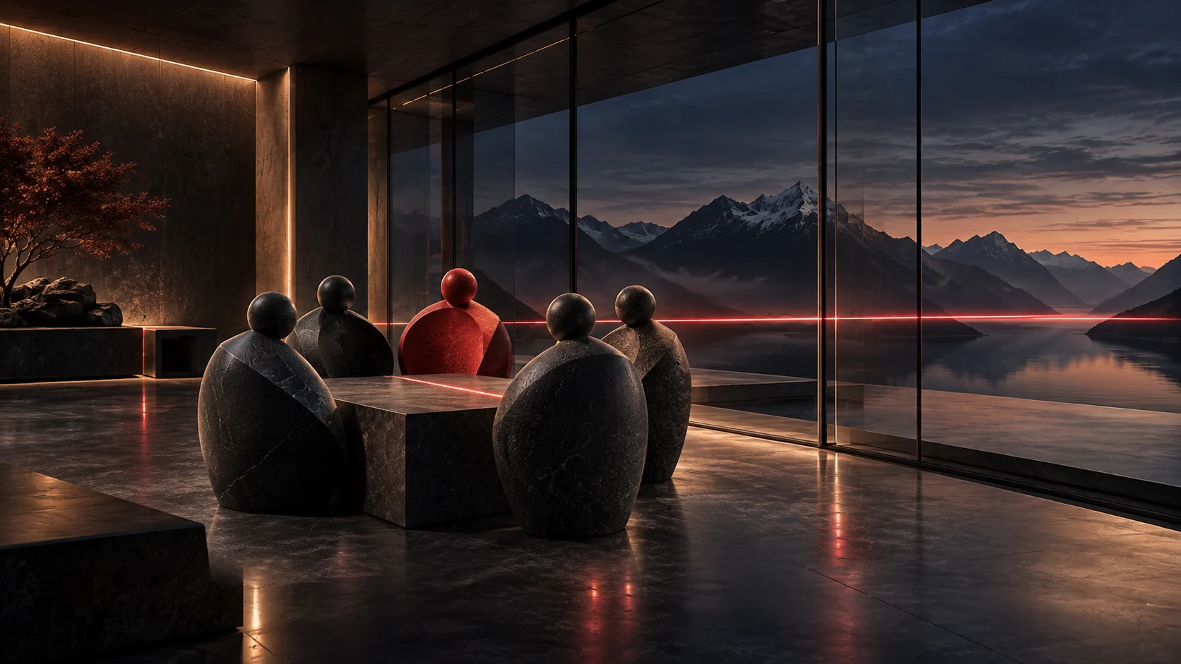 Abstrakte Steinfiguren am gemeinsamen Tisch in einem Glaspavillon mit Bergblick und roter Verbindungslinie.