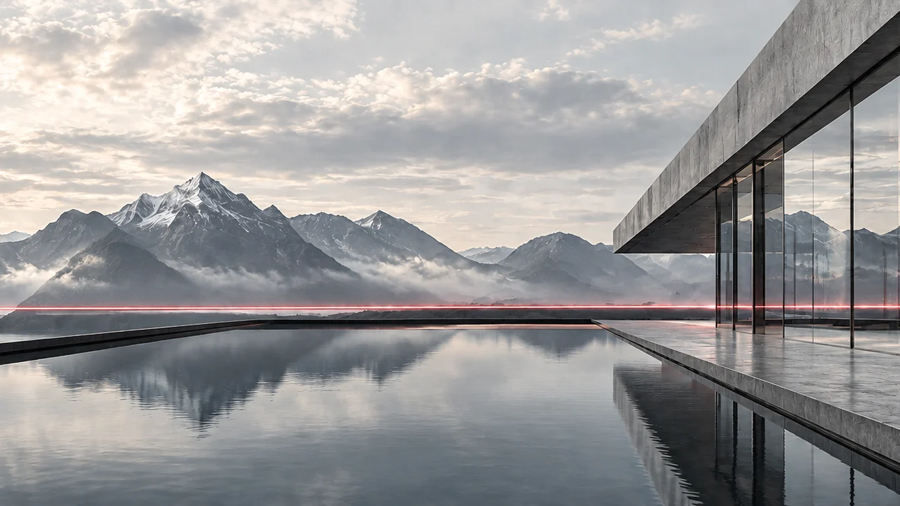 Architektur mit Glasfassade, ruhiger Wasserfläche und Bergpanorama