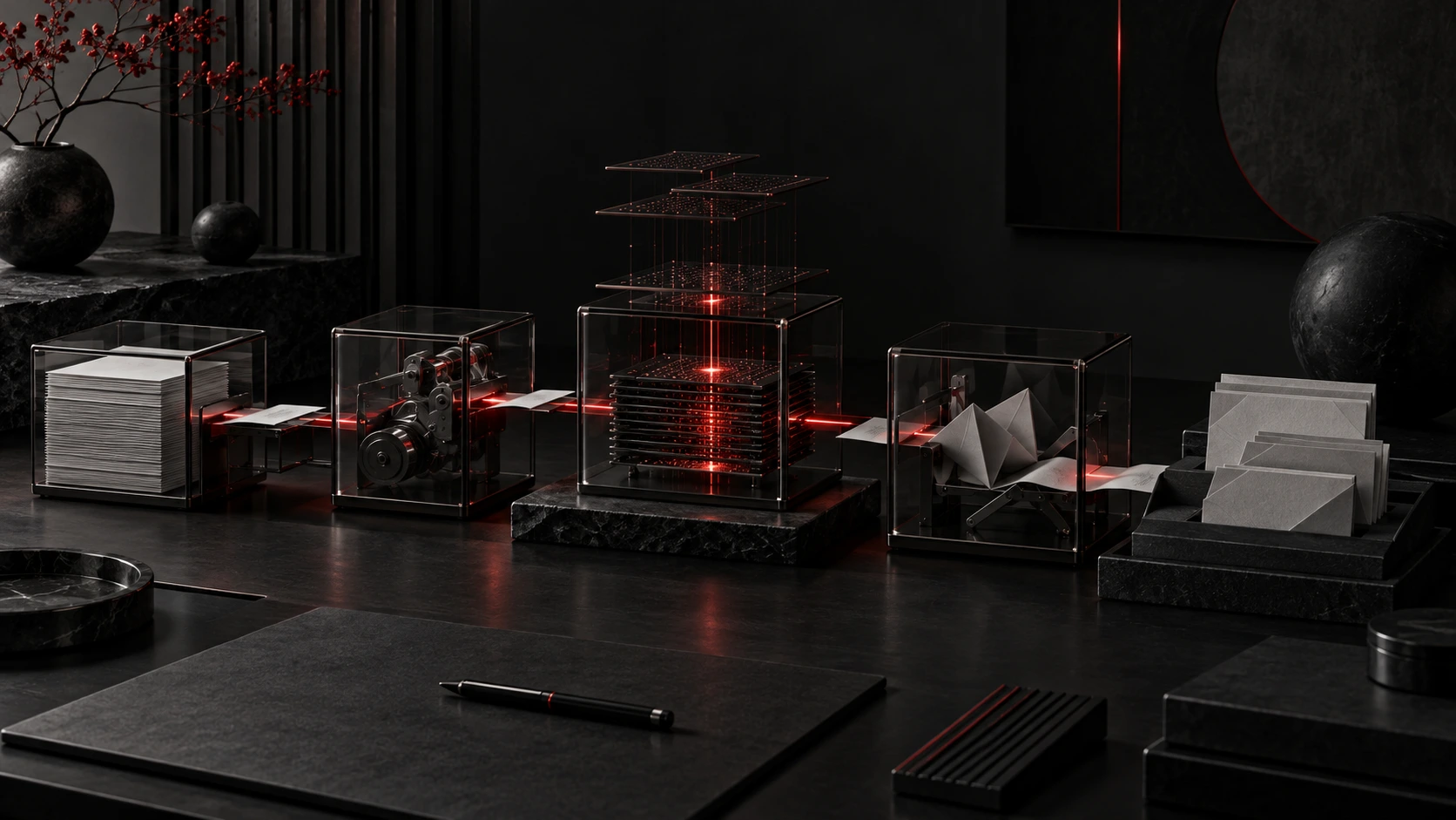 Glasvitrinen mit vernetzten Mechanismen und rotem Lichtstrahl als Sinnbild für automatisierte Prozesse