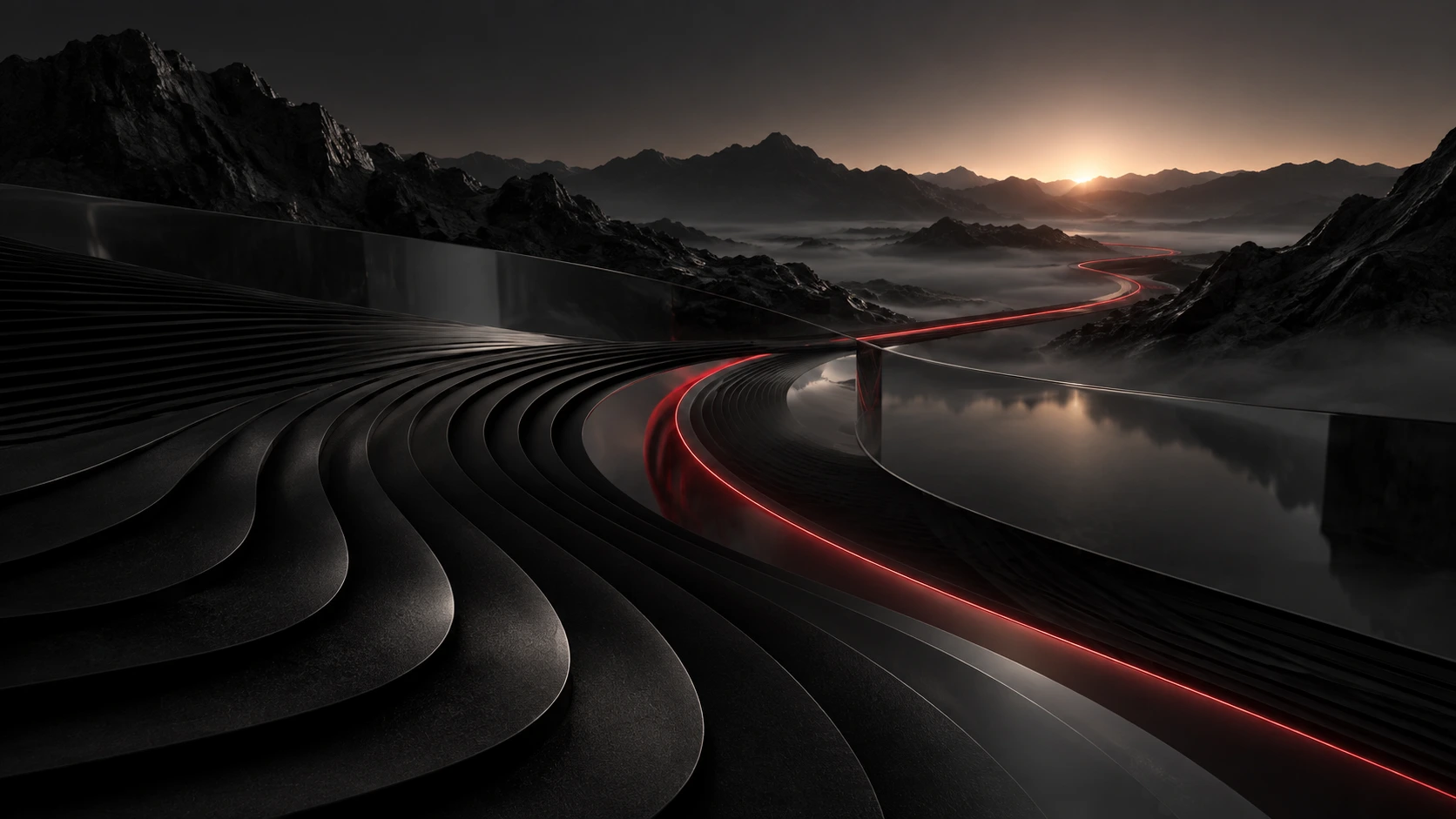 Geschwungene, futuristische Straße mit rotem Lichtband führt durch ein Bergpanorama in den Horizont