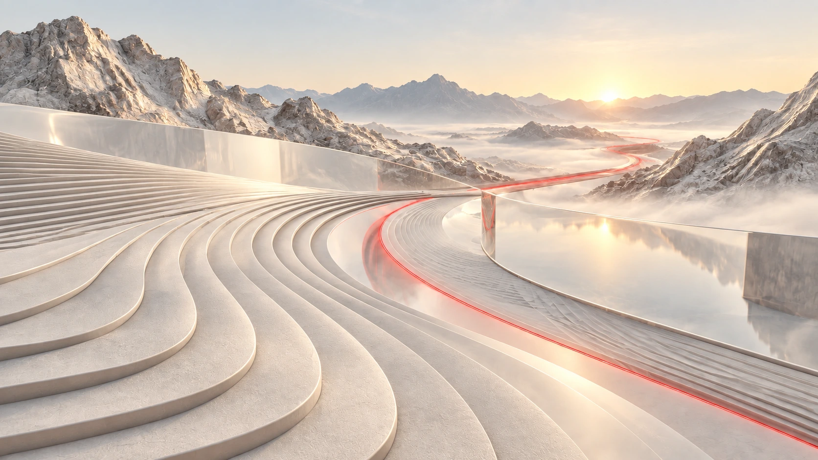 Geschwungene, futuristische Straße mit rotem Lichtband führt durch ein Bergpanorama in den Horizont, helle Ausführung