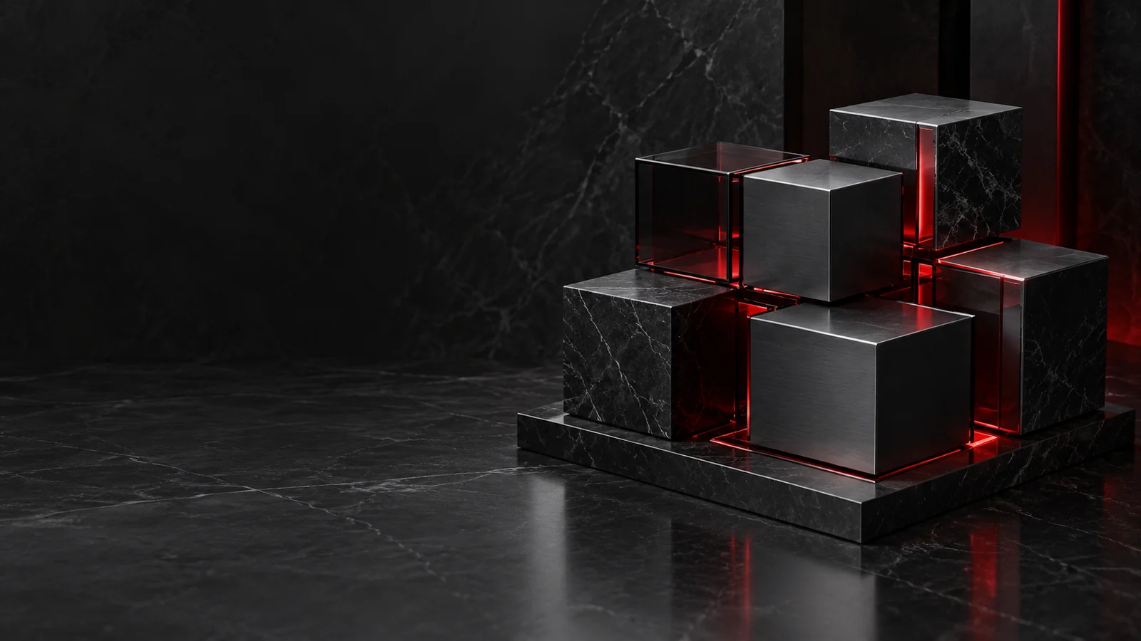 Präzise angeordnete schwarze Glas- und Graphitmodule, verbunden durch feine rote Lichtkanäle.