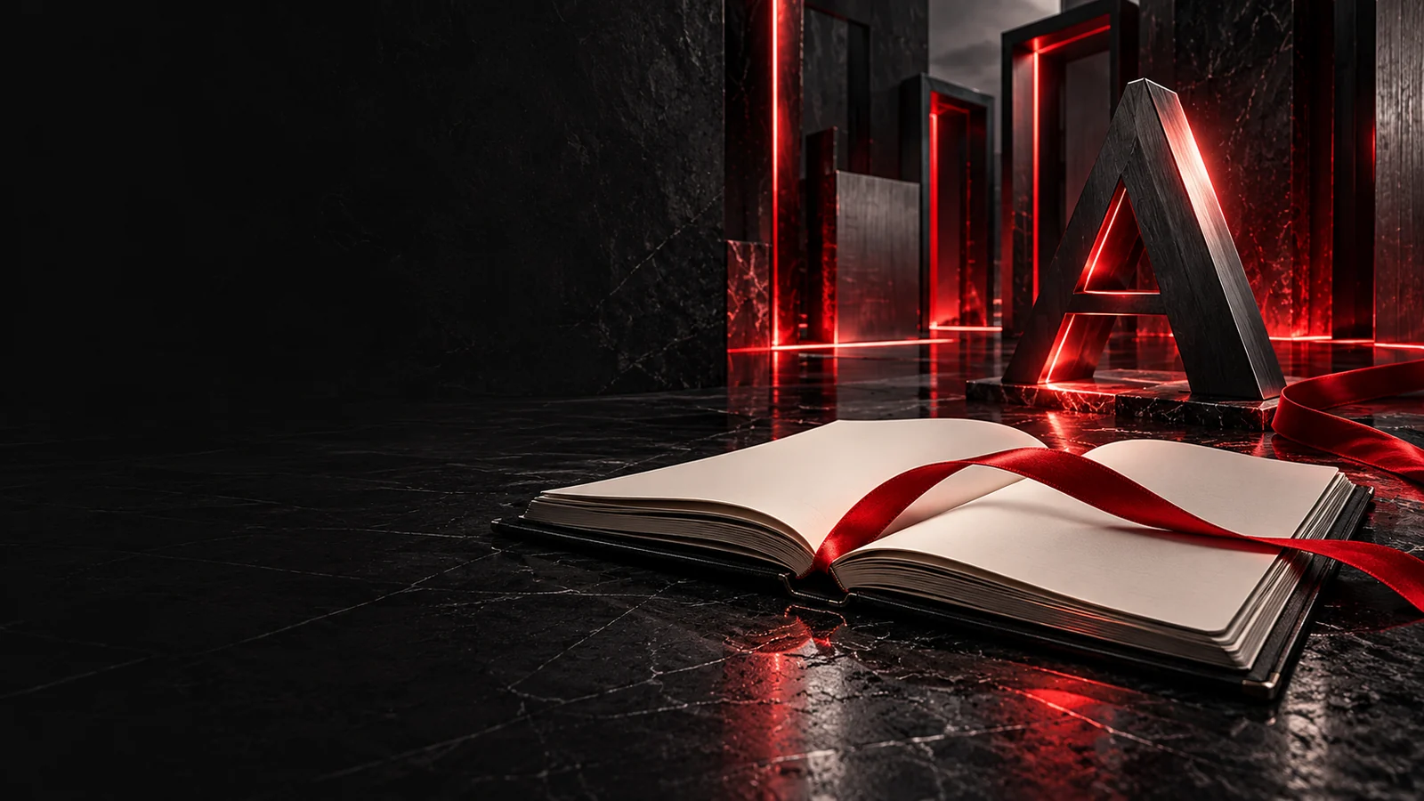 Offenes Notizbuch mit leeren hellen Seiten, eine dunkle typografische A-Skulptur und ein rotes Leseband.
