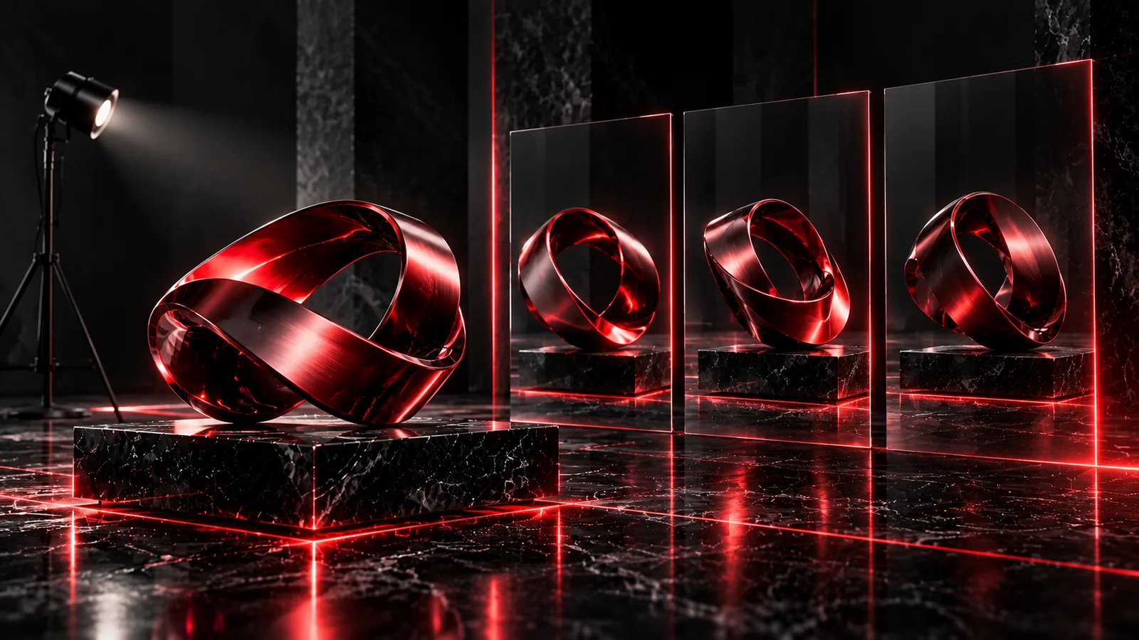 Rote Skulptur mit mehreren aufeinanderfolgenden Ansichten in dunklen Glasrahmen, beleuchtet von einer Filmleuchte.